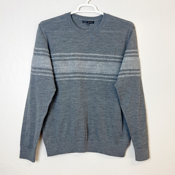 •ROBERT BARAKETT• Grey Swanson Engineered Striped Wool Crewneck Sweater Size XL - Picture 2 of 13